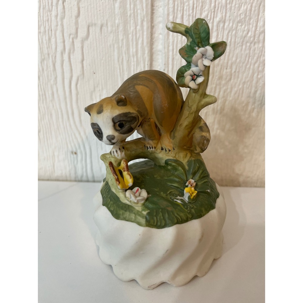 Vintage GEI 1996 Porcelain Raccoon Figurine Animal Tree Flowers Small Trinket